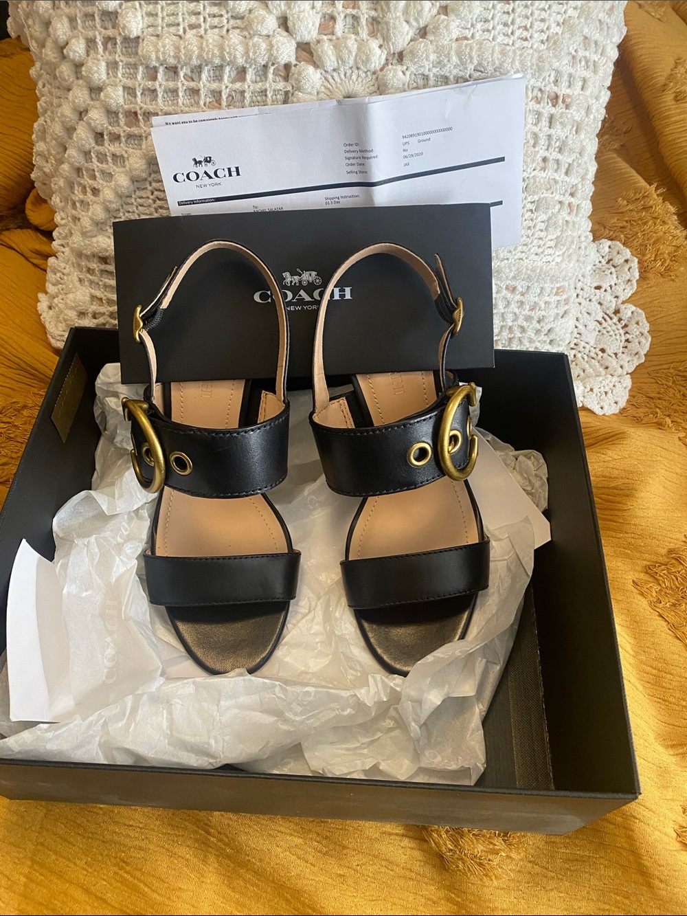 Coach Black Leather Slingback Sandals with Gold-Tone Buckle